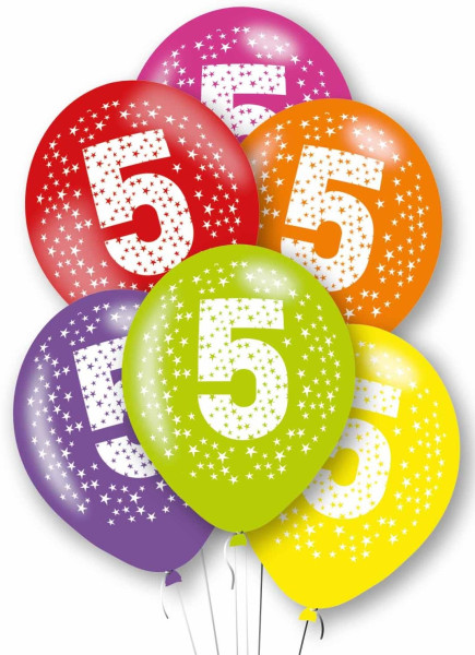 6 färgglada latexballonger nummer 5