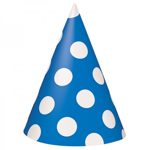 8 chapeaux de fête Tiana bleu roi à pois 15cm