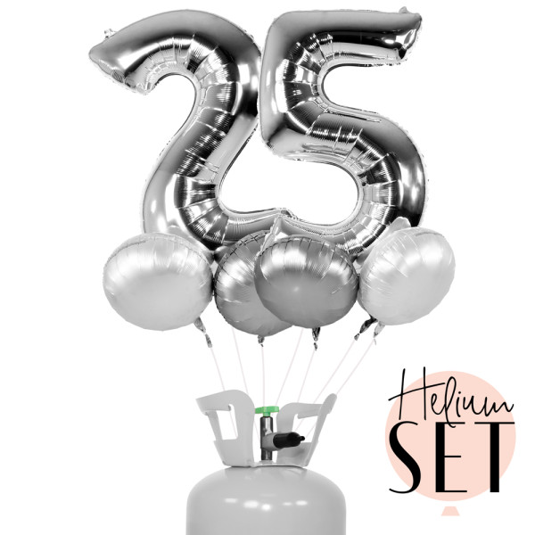XXL Zahl 25 Silber Ballonbouquet-Set mit Heliumbehälter