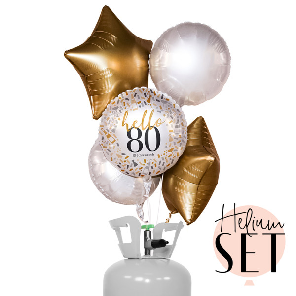Hello 80 - Ballonbouquet-Set mit Heliumbehälter