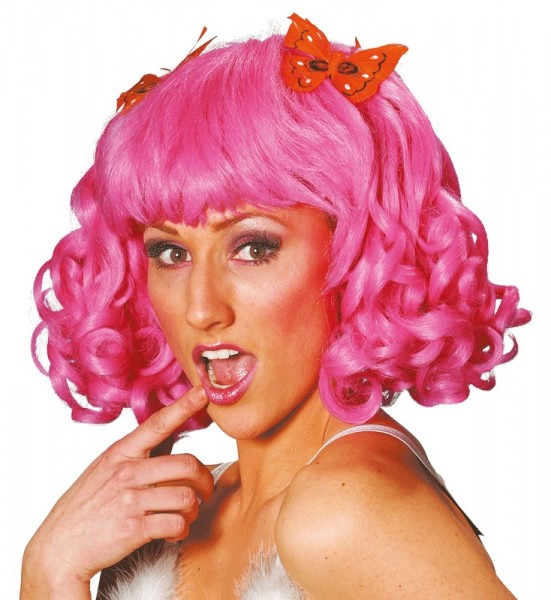 Pink curly wig with butterfly decoration