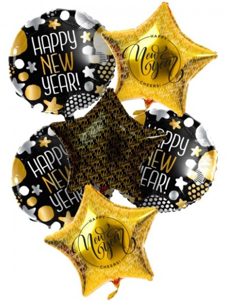 Feliz año nuevo conjunto de botella de helio con globos y cinta
