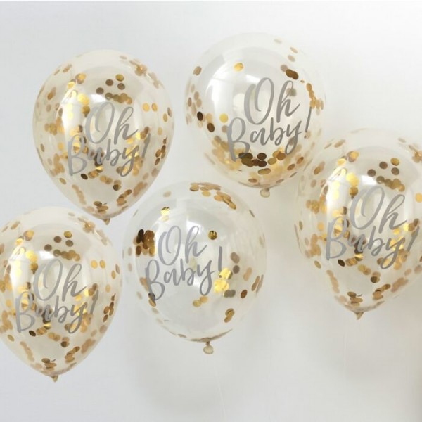 5 golden Oh Baby confetti balloons 30cm