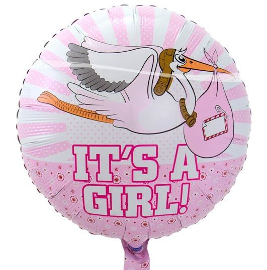 Foil balloon stork brings girls