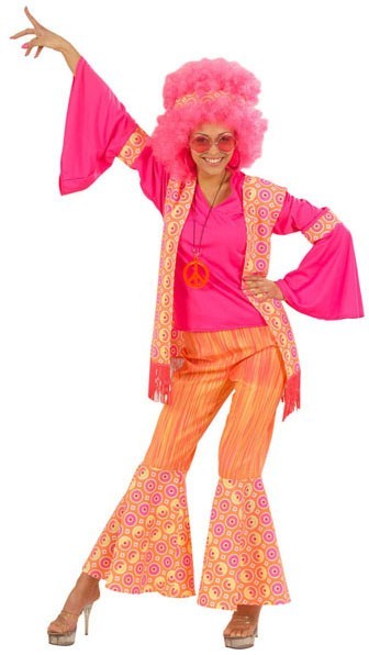 Disfraz de hippie rosa brillante para mujer
