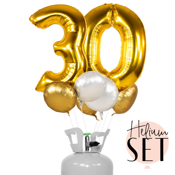 XXL Zahl 30 Gold Ballonbouquet-Set mit Heliumbehälter