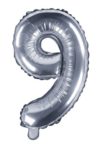 Nummer 9 folieballon zilver 35cm