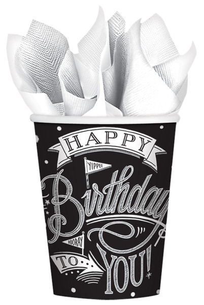 18 vasos de papel de cumpleaños en blanco y negro 266ml