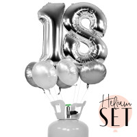 Vorschau: XXL Zahl 18 Silber Ballonbouquet-Set mit Heliumbehälter