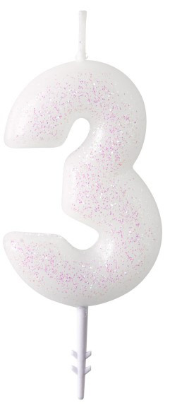 Glittering number candle 3 white 6.5cm