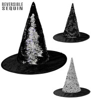 Widok: Dwustronny cekinowy kapelusz czarownicy w kolorze czarno-srebrnym