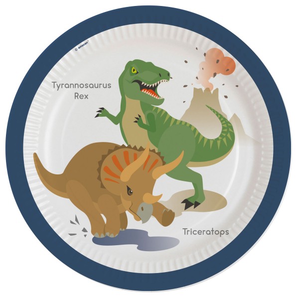 Assiettes en carton dinosaures T-Rex et Tricératops 23 cm, lot de 8