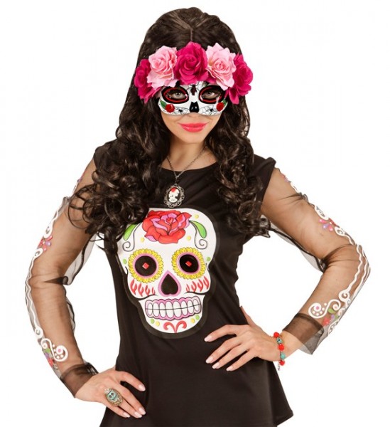 Pinke Rosen Dia De Los Muertos Maske