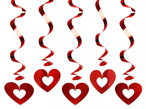 5 espirales rojas de decoración con corazones 60cm