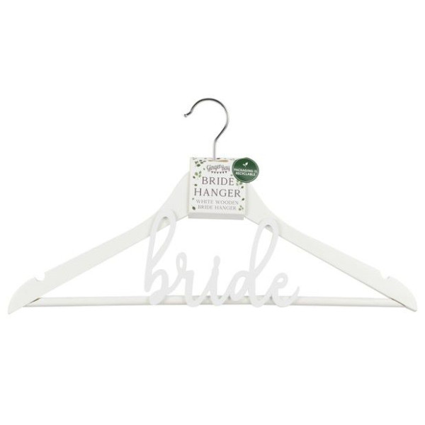 White wooden bride hangers