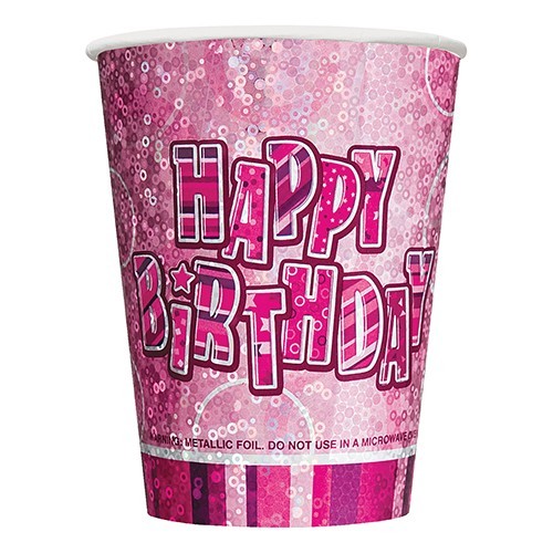 8 Happy Pink Sparkling Birthday Paper Cup 266 ml