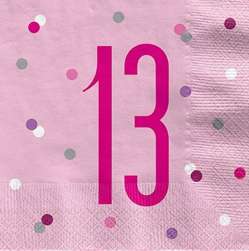 Serwetki na 13 urodziny w 16 różowych kropek 33cm