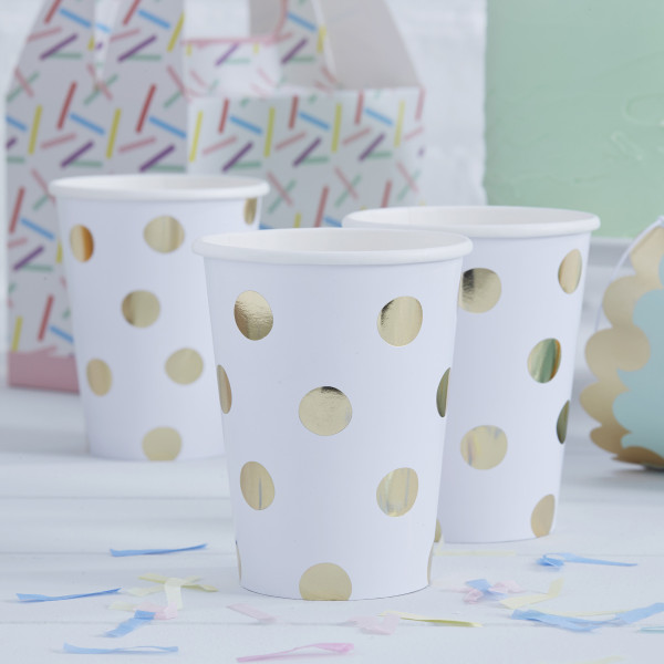 8 white paper cups with golden dots 255ml