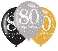 6 golden 80th birthday balloons 27.5cm