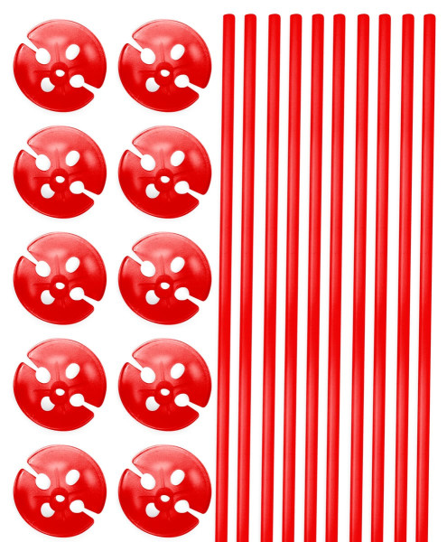 10 prętów balonowych z uchwytem w kolorze czerwonym