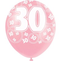 Oversigt: Blanding af 6 30-års fødselsdag balloner pink 30 cm