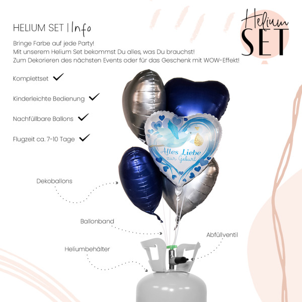 Alles Liebe zur Geburt Blau Ballon Bouquet-Set mit Heliumbehälter 3