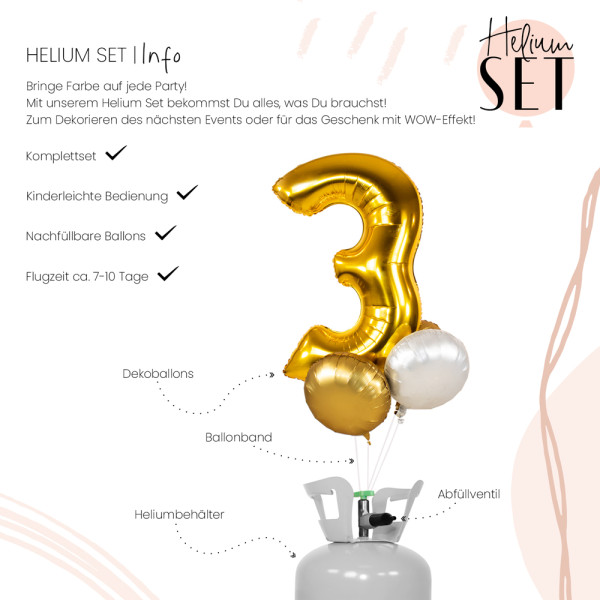 XXL Zahl 3 Gold Ballonbouquet-Set mit Heliumbehälter 3