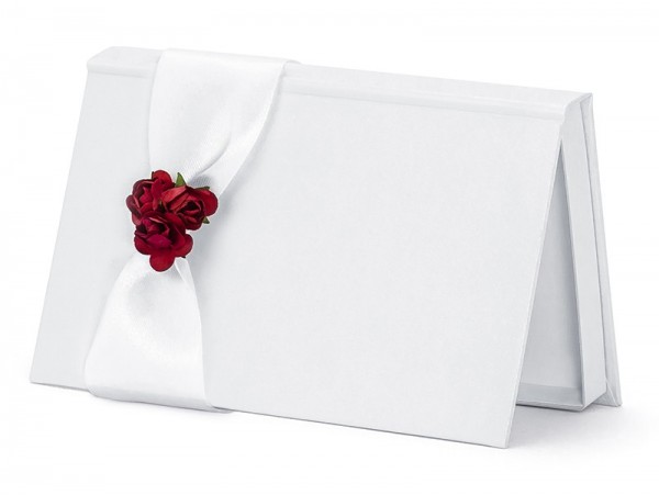 Hvid pengekasse med mørkerød rose dekoration 2