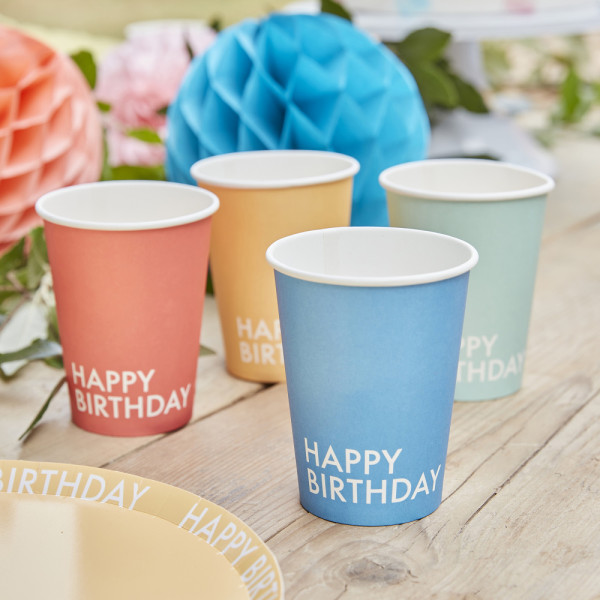 8 eco birthday paper cups 250ml colored