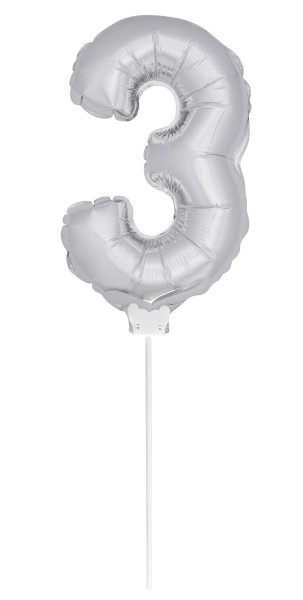 Folieballon nummer 3 zilver met staf 36cm