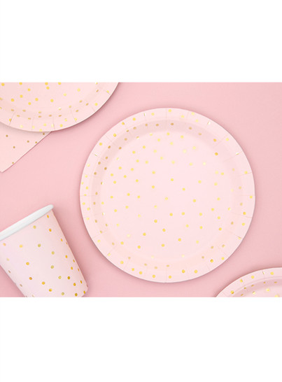 6 piatti di carta rosa con puntini oro 18cm