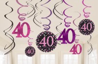 12 pink 40th birthday spiral hangers 60cm