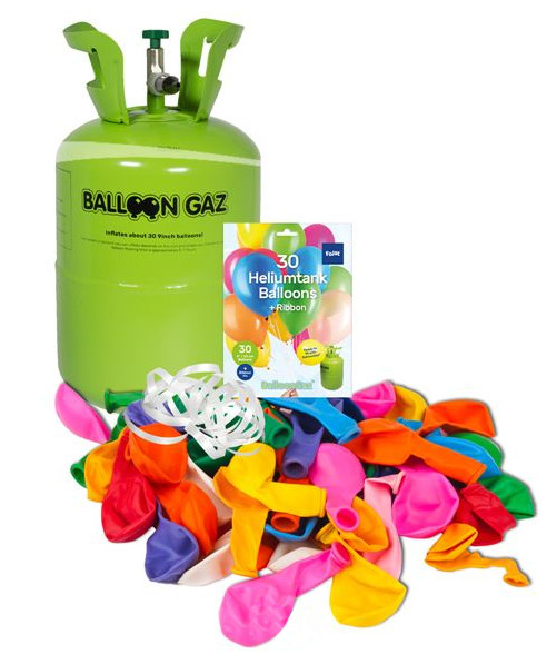 Heliumflasche mit 30 bunten Luftballons