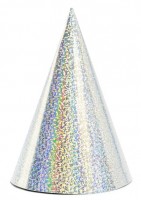 6 Holografische Partyhüte silber 17cm