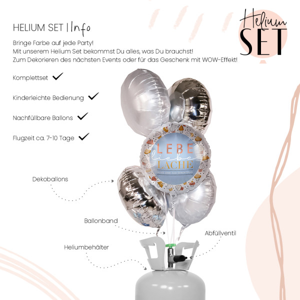 Lebe Liebe Lache Törtchen Ballonbouquet-Set mit Heliumbehälter 3