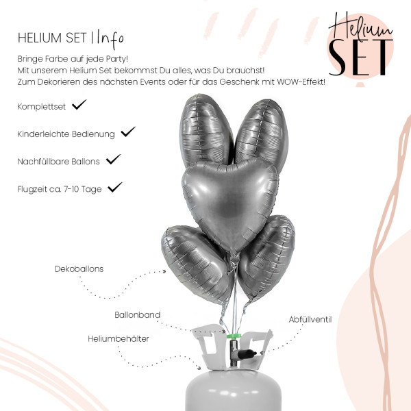 Pure Silver mattes Herz Ballonbouquet-Set mit Heliumbehälter