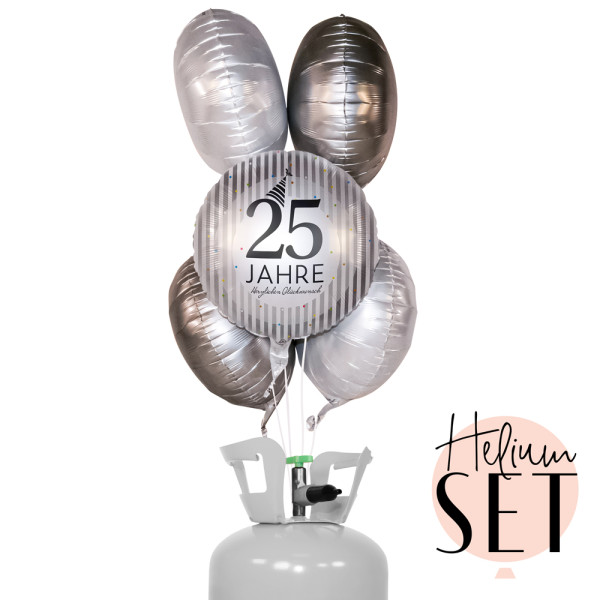25 Jahre Silver Stripes Ballonbouquet-Set mit Heliumbehälter