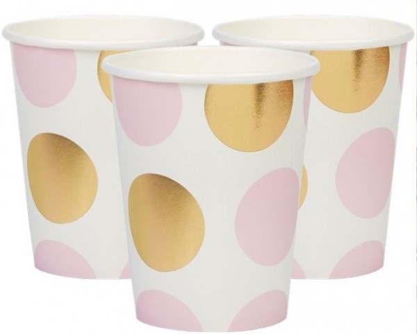 8 vasos de papel de fiesta rosa pastel con lunares dorados 220ml
