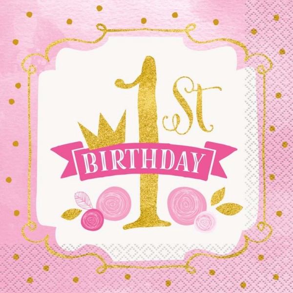 16 Princess Alice 1st birthday napkins pink 33cm