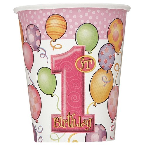 8 kubków papierowych Pink Balloon Birthday Party 266ml