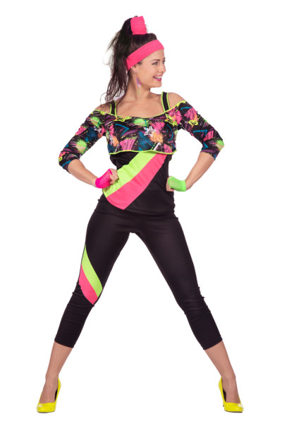 Czarno-neonowy damski kostium do aerobiku z lat 80