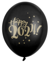 Aperçu: 6 ballons noirs et dorés Happy 2024