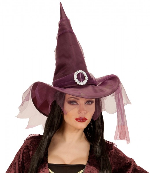Sombrero de bruja con velo de tul morado