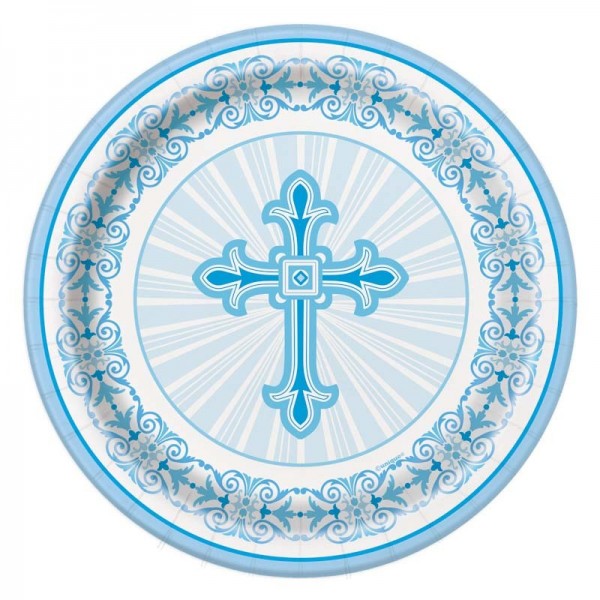 8 paper plates be blessed cross blue 18cm