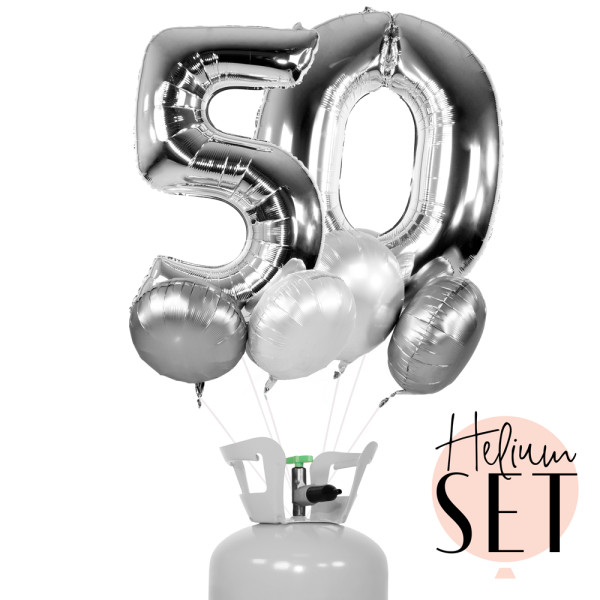 XXL Zahl 50 Silber Ballonbouquet-Set mit Heliumbehälter