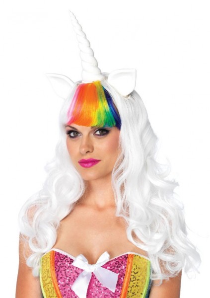 Peluca de unicornio blanca con cola de arcoíris