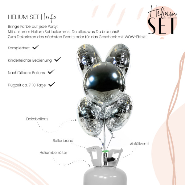 Glossy - Pure Silver - Rund Ballonbouquet-Set mit Heliumbehälter