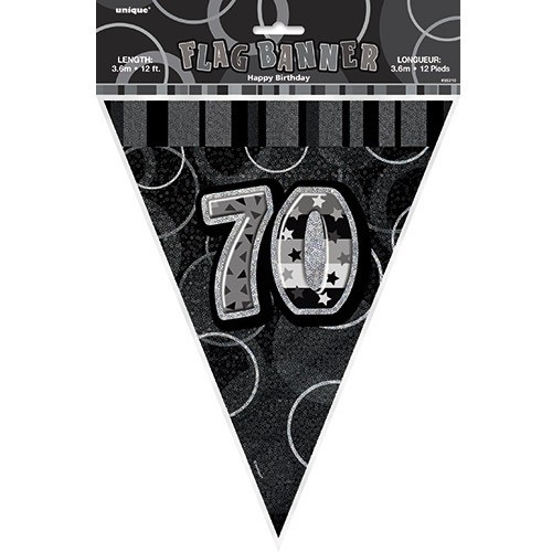 70 cumpleaños cadena de banderines de fiesta en blanco y negro