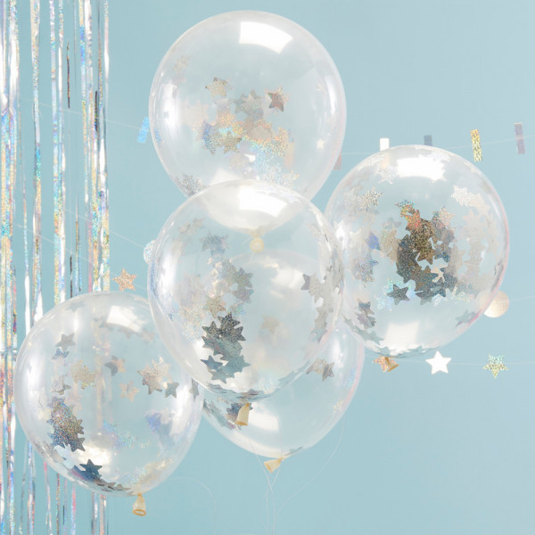 5 ballons confettis étoiles holographiques