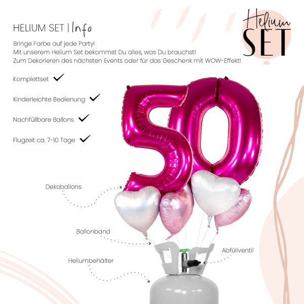 XXL Zahl 50 Pink Ballonbouquet-Set mit Heliumbehälter 3